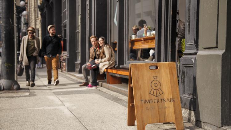 Out the front of Timbertrain Cafe in Gastown, Vancouver